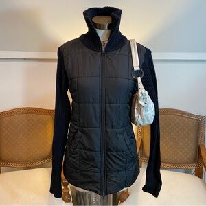 Vintage 90s Y2K Black Quilted Puffer Jacket w Knit Sleeves Minimalist Grunge M/L